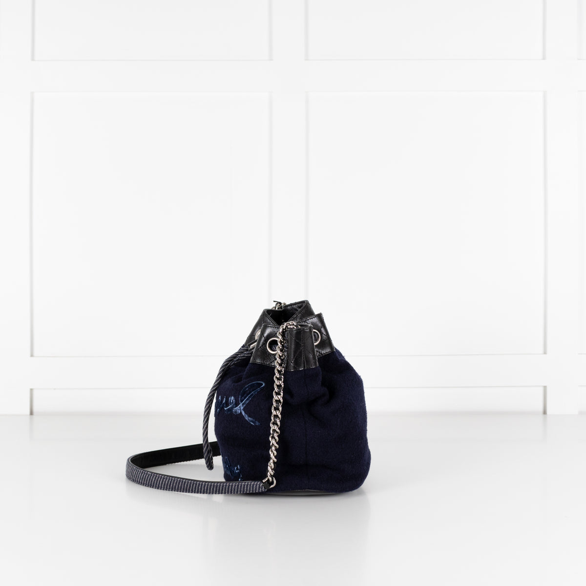 Chanel Navy Felt Black Leather Trim Paris Hamburg Bucket Bag