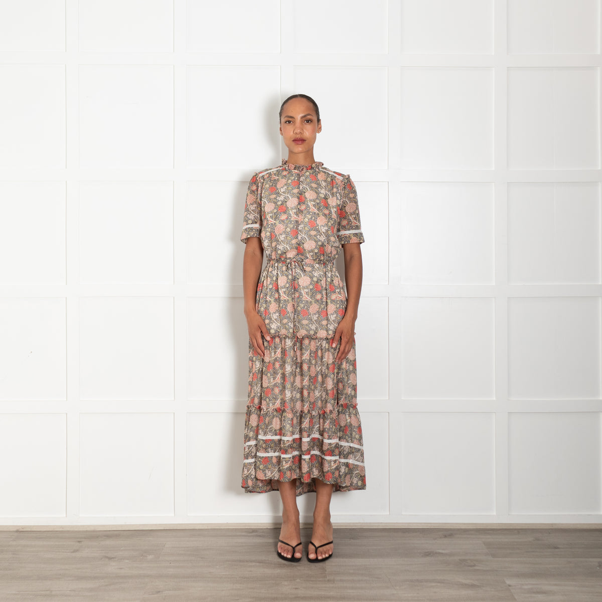 Me + Em Green Pink Botanical Print  Drawstring Waist Maxi Dress With Front Zip