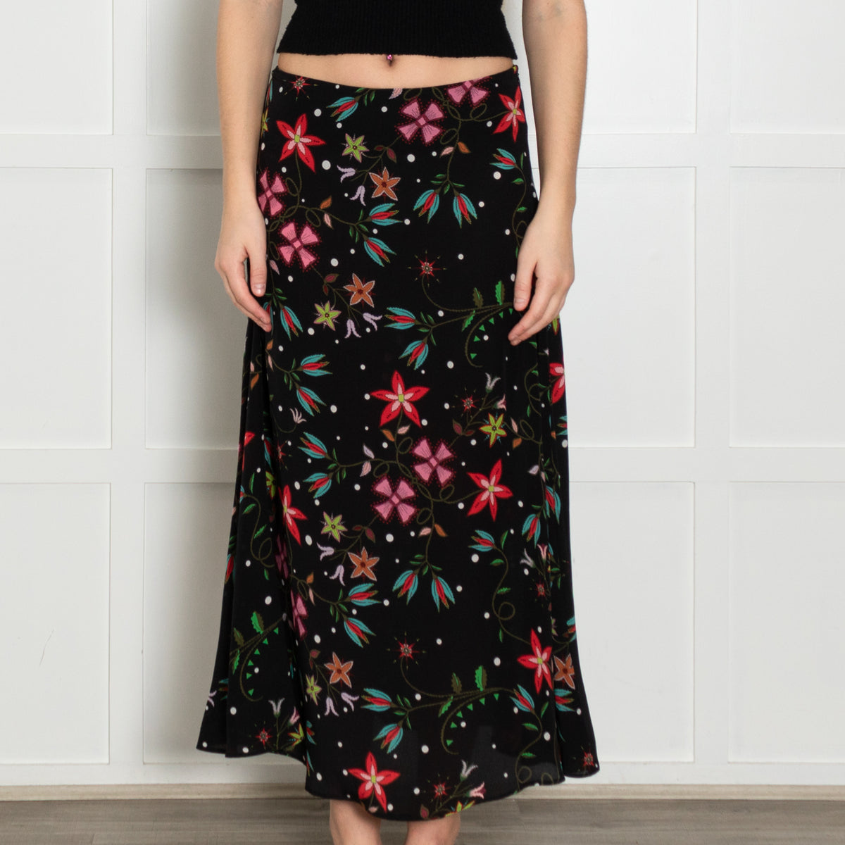 Hayley Menzies Black Multi Floral Silk Skirt