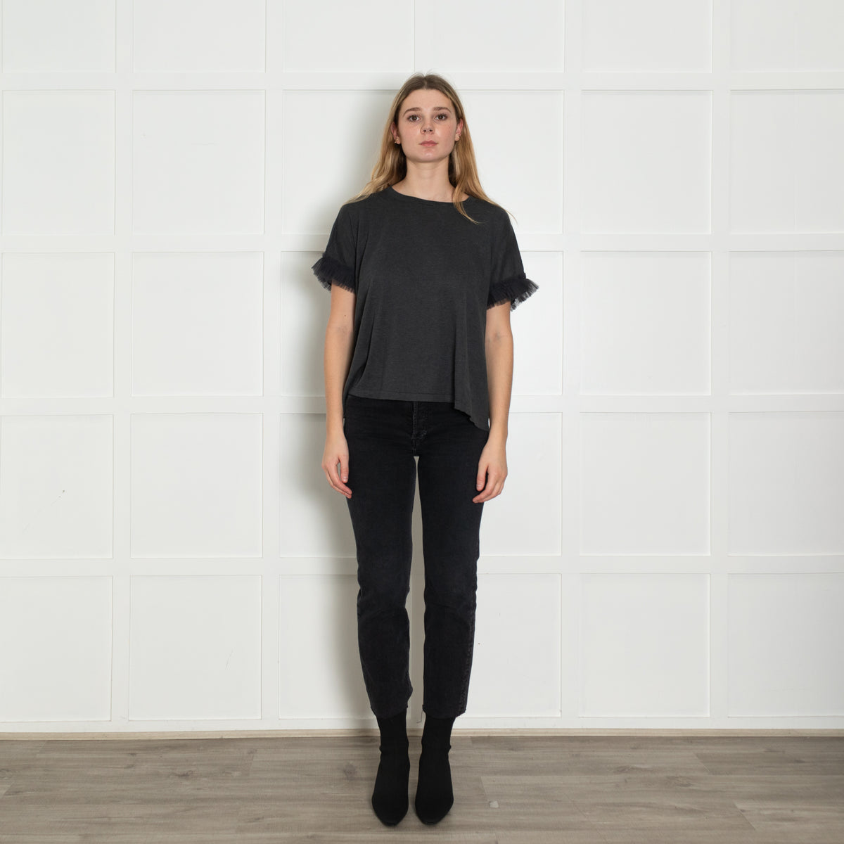 Brunello Cucinelli Grey Tulle Trim Sleeve T-Shirt