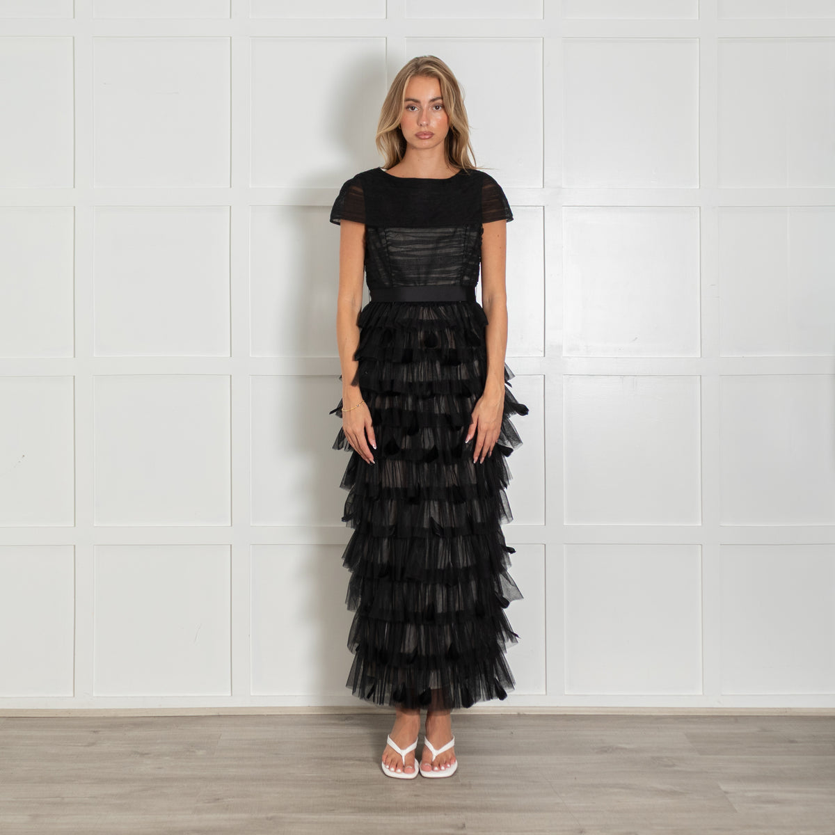 Huishan Zhang Black Michelle Tuille  and Feather Midi Dress with Grosgrain Belt