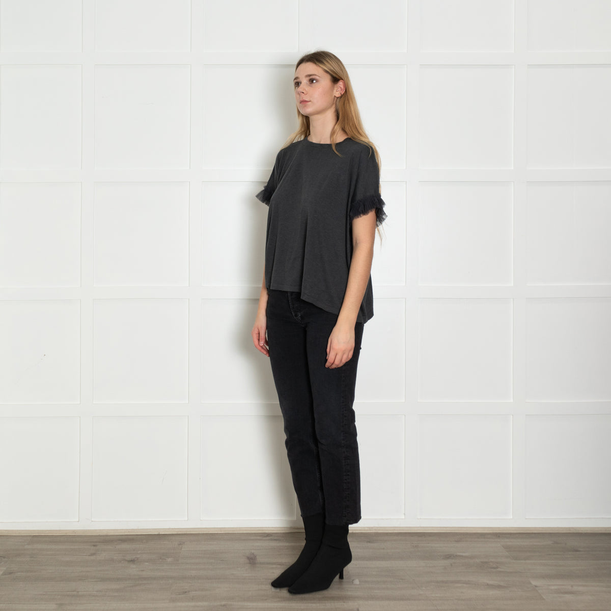 Brunello Cucinelli Grey Tulle Trim Sleeve T-Shirt