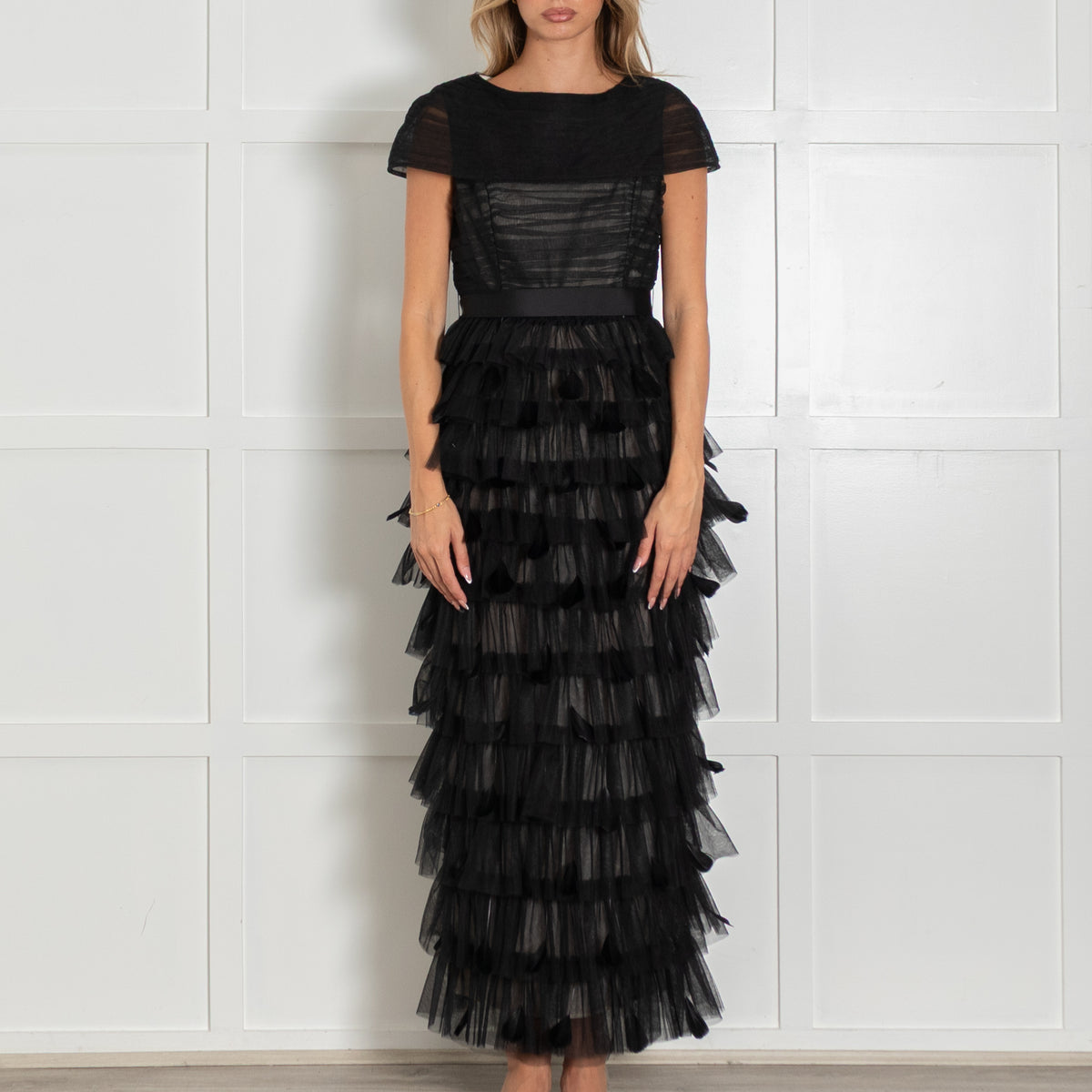 Huishan Zhang Black Michelle Tuille  and Feather Midi Dress with Grosgrain Belt