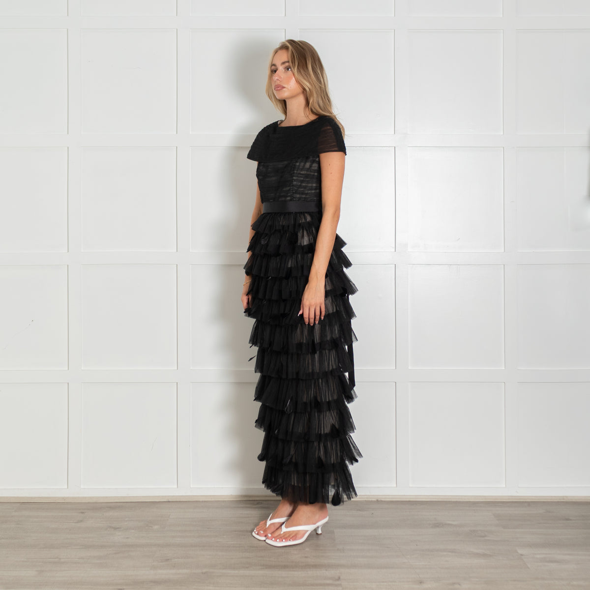 Huishan Zhang Black Michelle Tuille  and Feather Midi Dress with Grosgrain Belt