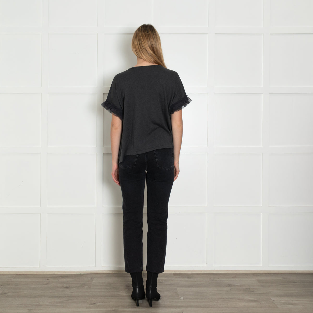 Brunello Cucinelli Grey Tulle Trim Sleeve T-Shirt