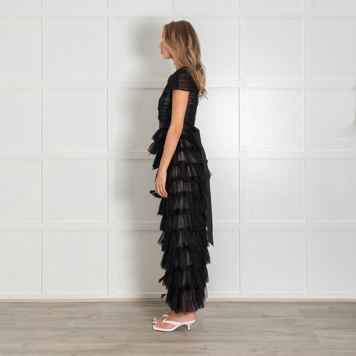 Huishan Zhang Black Michelle Tuille  and Feather Midi Dress with Grosgrain Belt