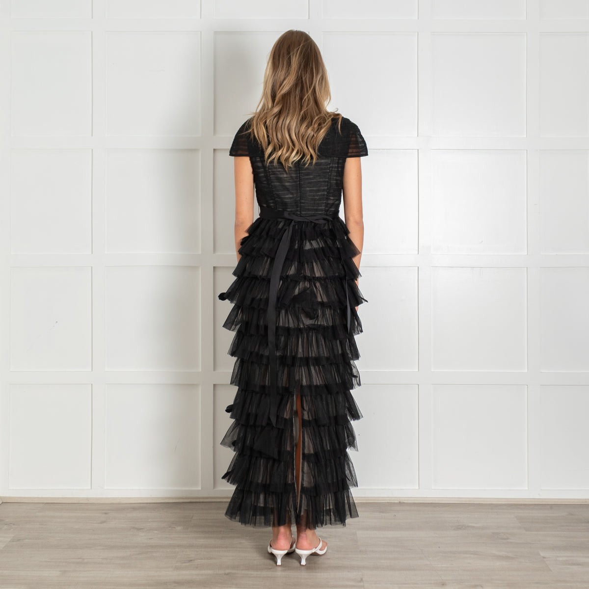 Huishan Zhang Black Michelle Tuille  and Feather Midi Dress with Grosgrain Belt