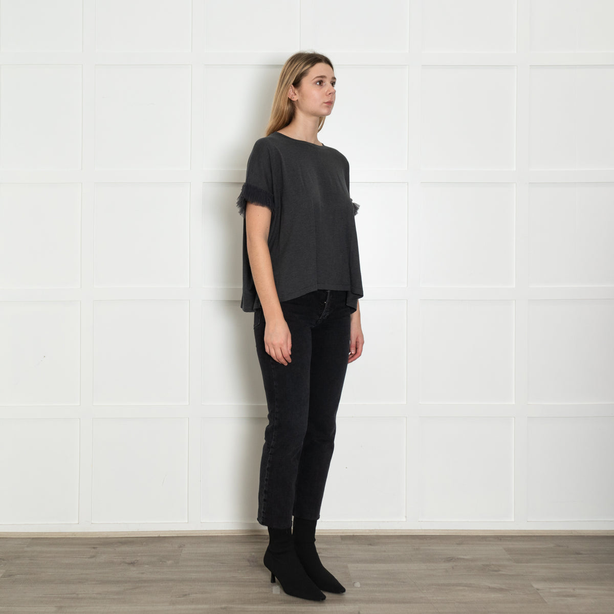 Brunello Cucinelli Grey Tulle Trim Sleeve T-Shirt