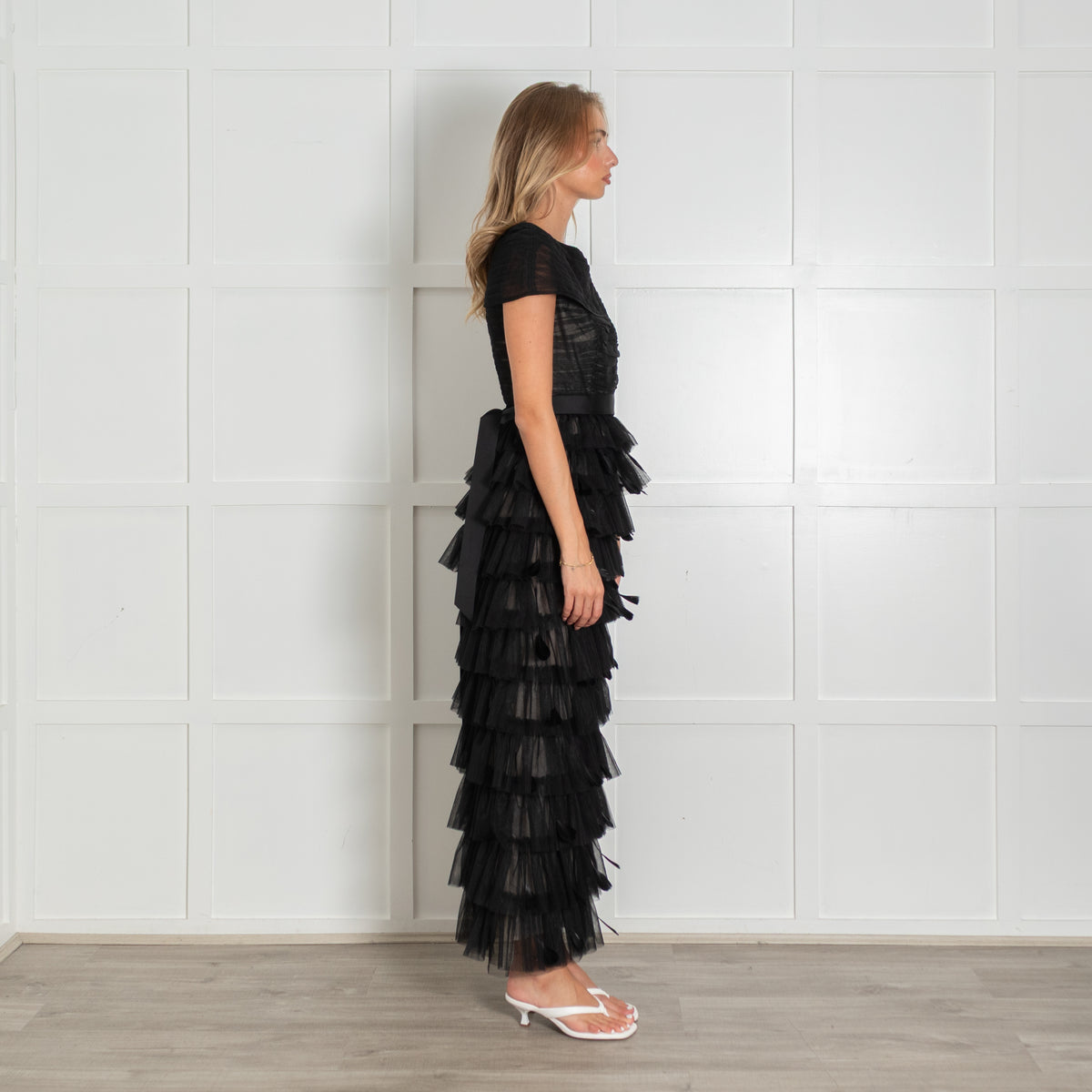 Huishan Zhang Black Michelle Tuille  and Feather Midi Dress with Grosgrain Belt
