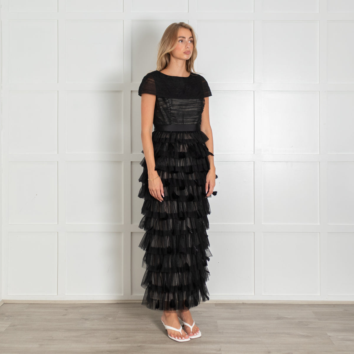 Huishan Zhang Black Michelle Tuille  and Feather Midi Dress with Grosgrain Belt