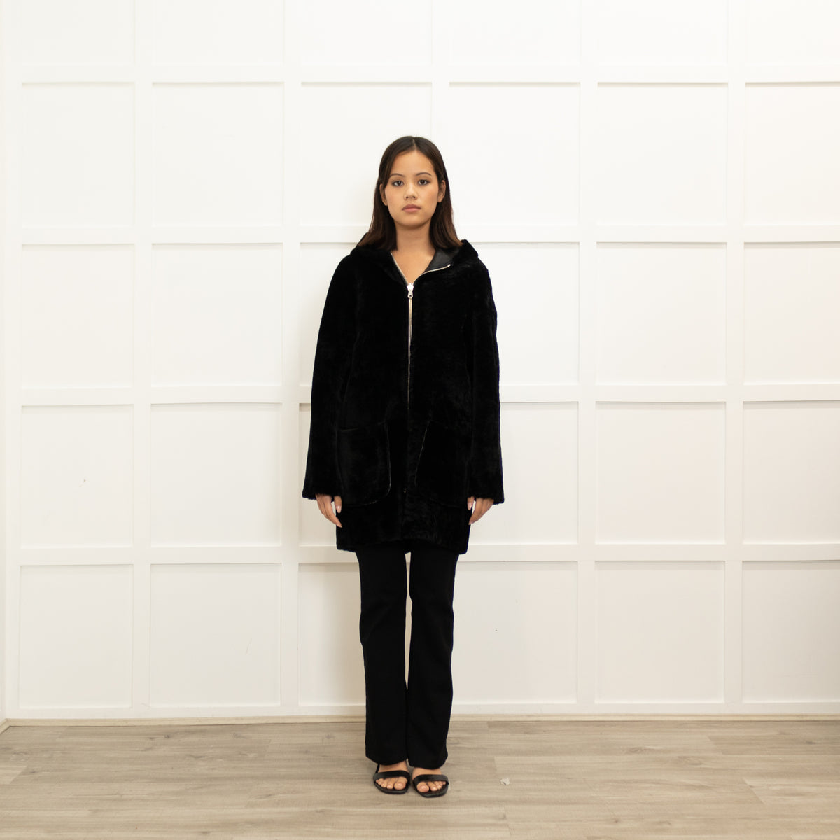 Sandro Black Reversible Soft Shearling Hooded Coat
