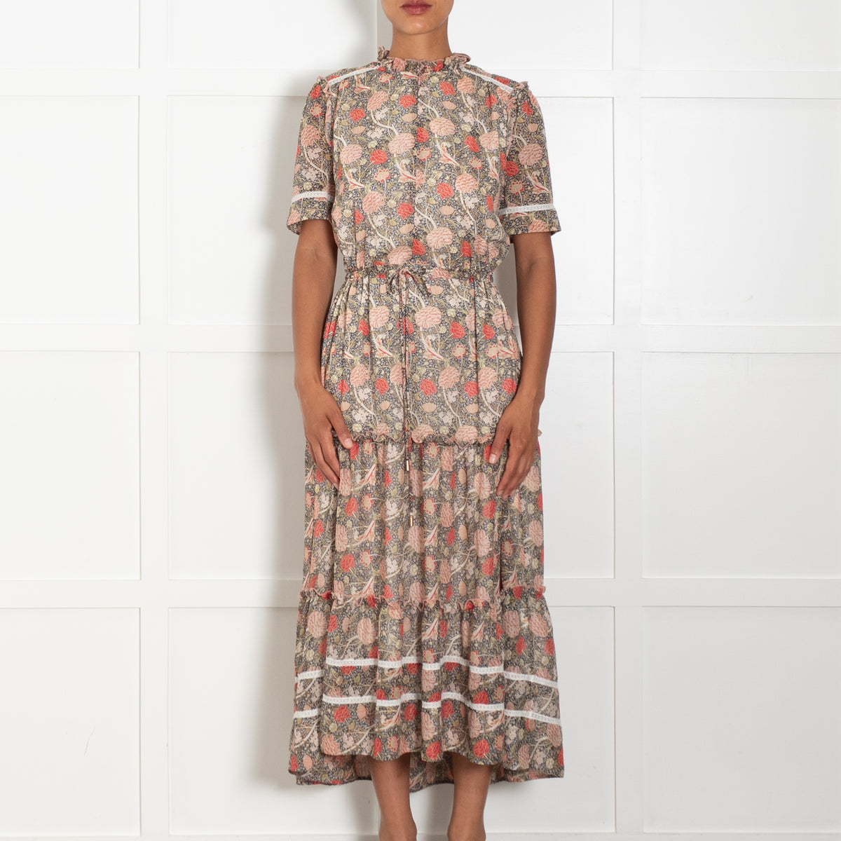 Me + Em Green Pink Botanical Print  Drawstring Waist Maxi Dress With Front Zip