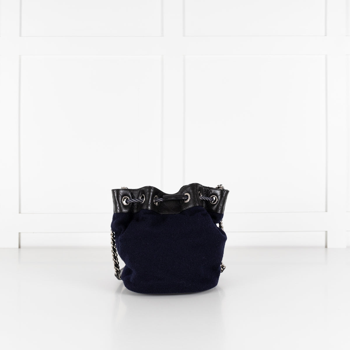 Chanel Navy Felt Black Leather Trim Paris Hamburg Bucket Bag