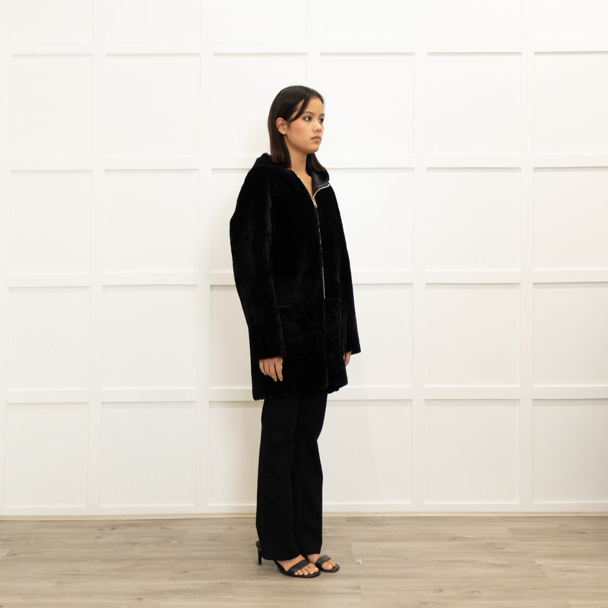 Sandro Black Reversible Soft Shearling Hooded Coat