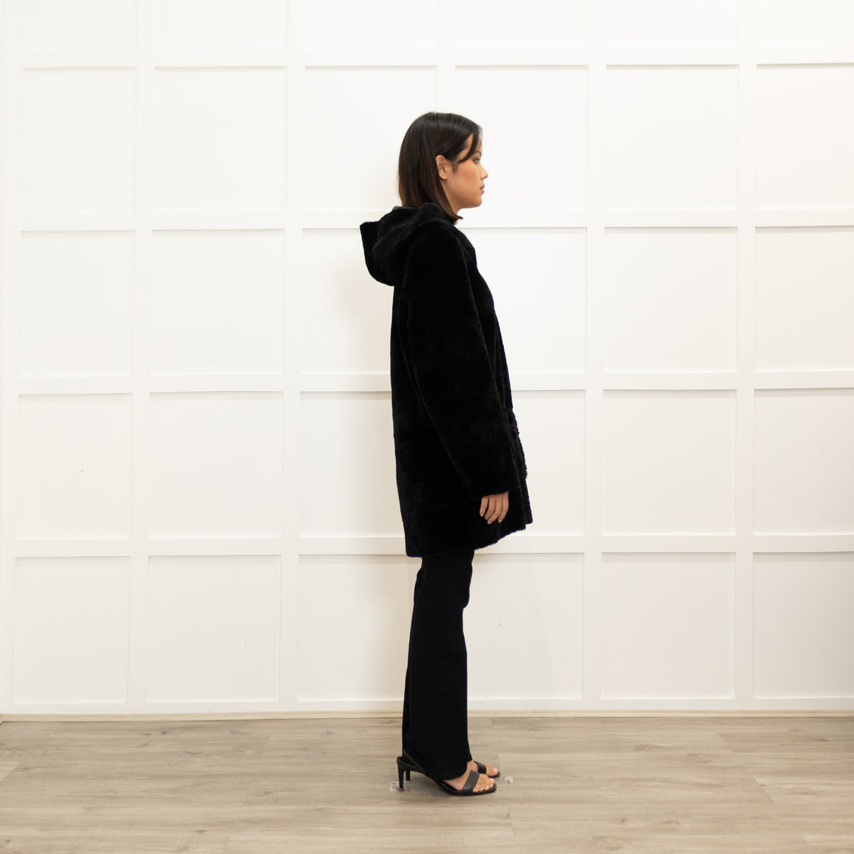 Sandro Black Reversible Soft Shearling Hooded Coat