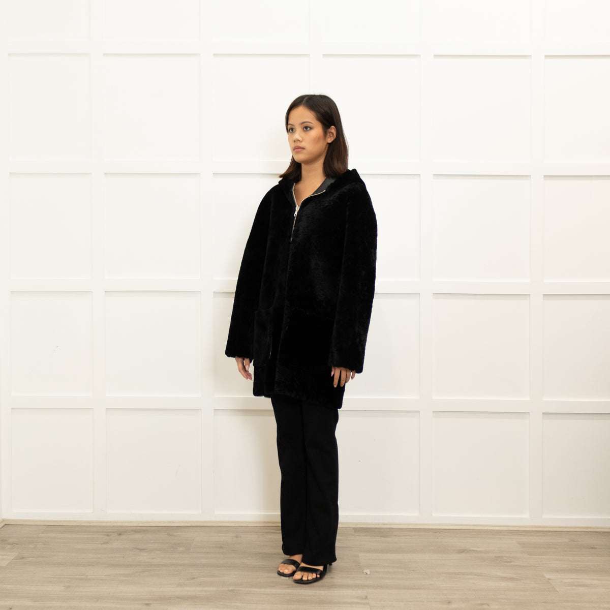 Sandro Black Reversible Soft Shearling Hooded Coat