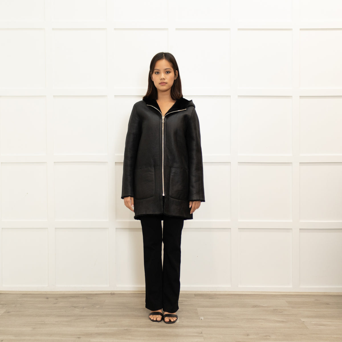 Sandro Black Reversible Soft Shearling Hooded Coat