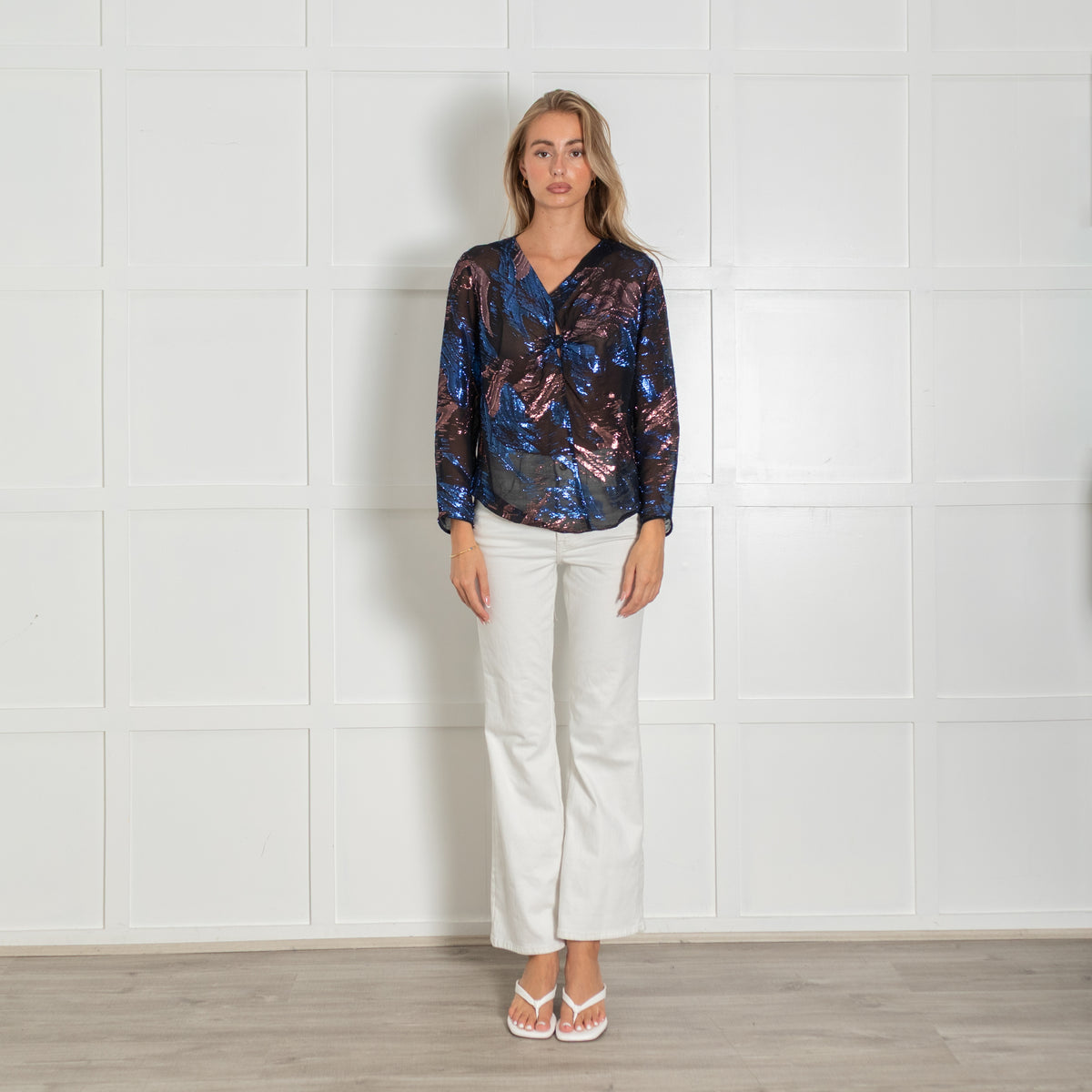 Maje Blue & Bronze Metallic Black Sheer Blouse