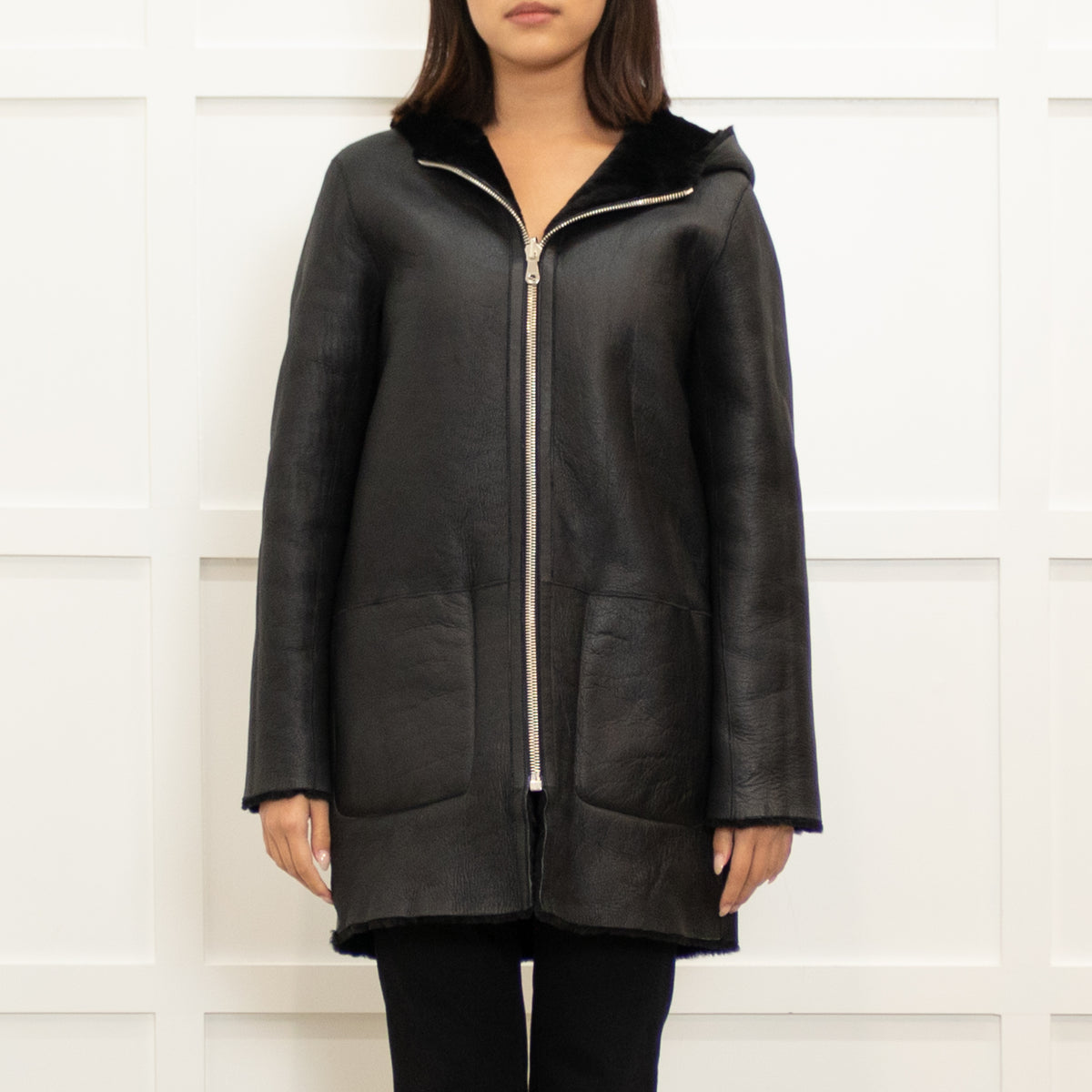Sandro Black Reversible Soft Shearling Hooded Coat