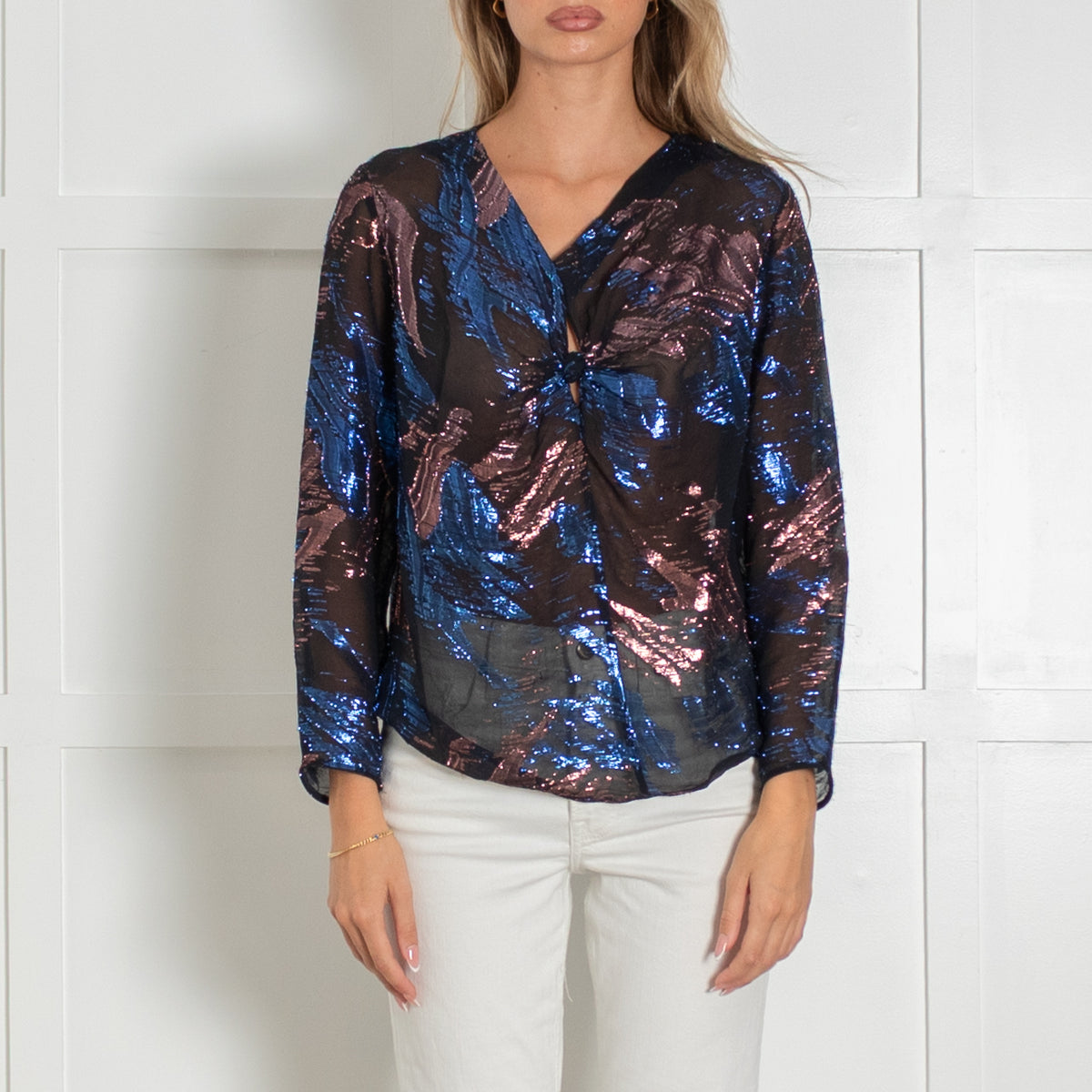 Maje Blue & Bronze Metallic Black Sheer Blouse