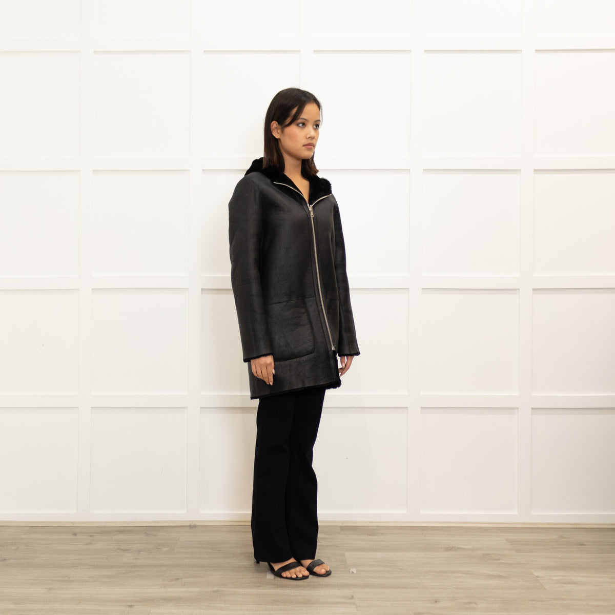 Sandro Black Reversible Soft Shearling Hooded Coat