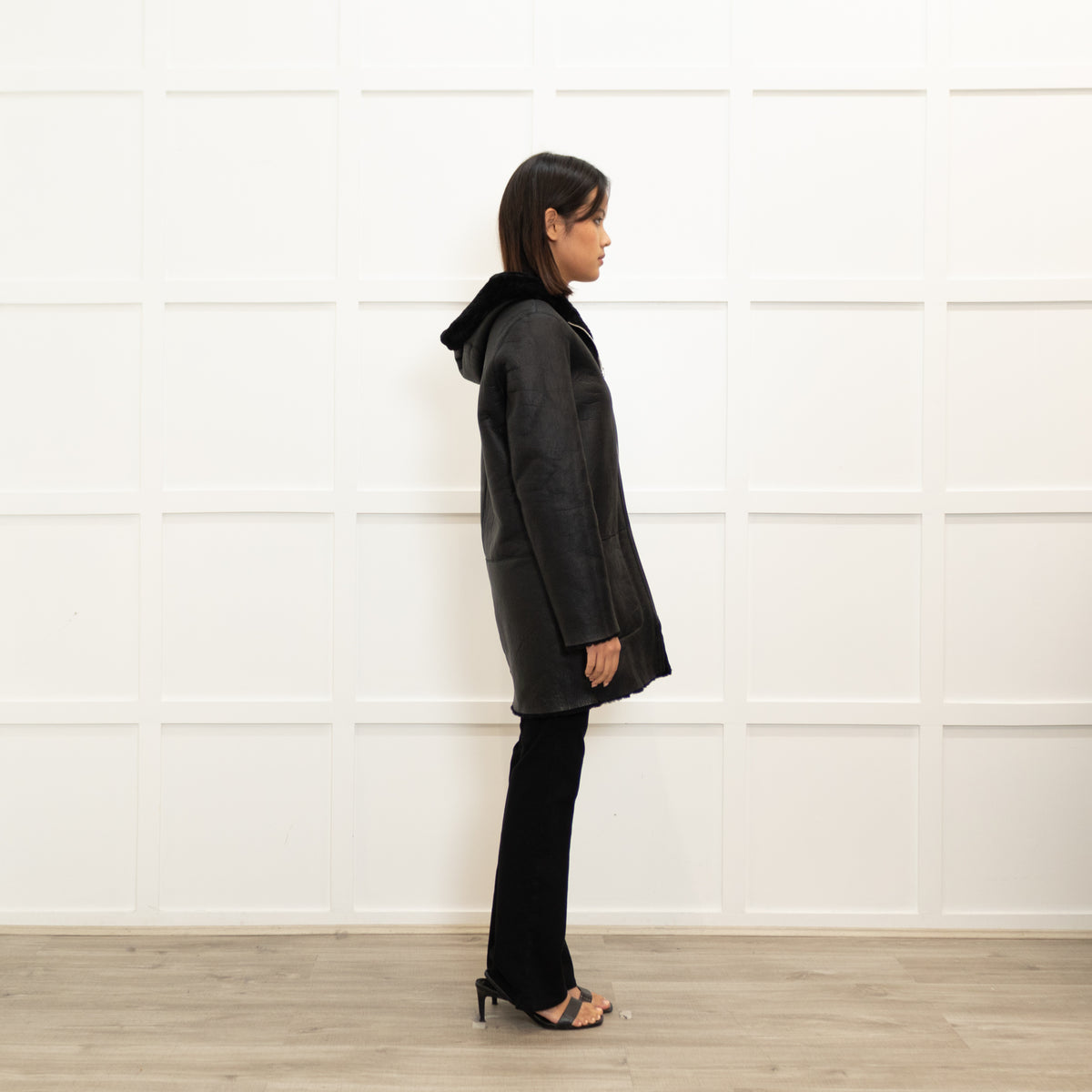 Sandro Black Reversible Soft Shearling Hooded Coat