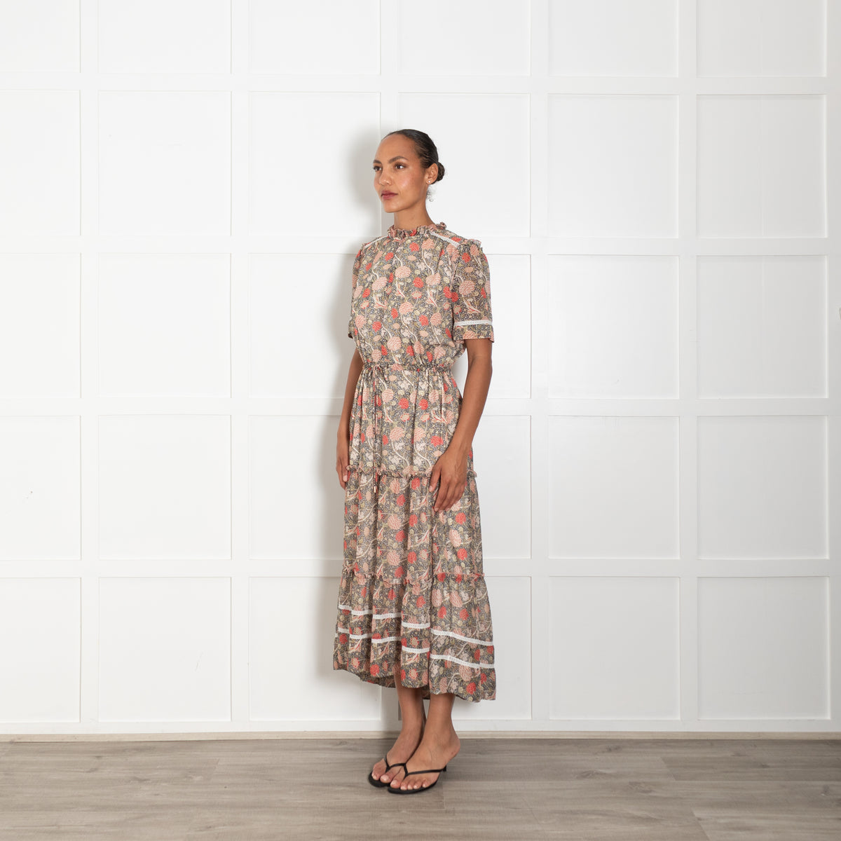 Me + Em Green Pink Botanical Print  Drawstring Waist Maxi Dress With Front Zip