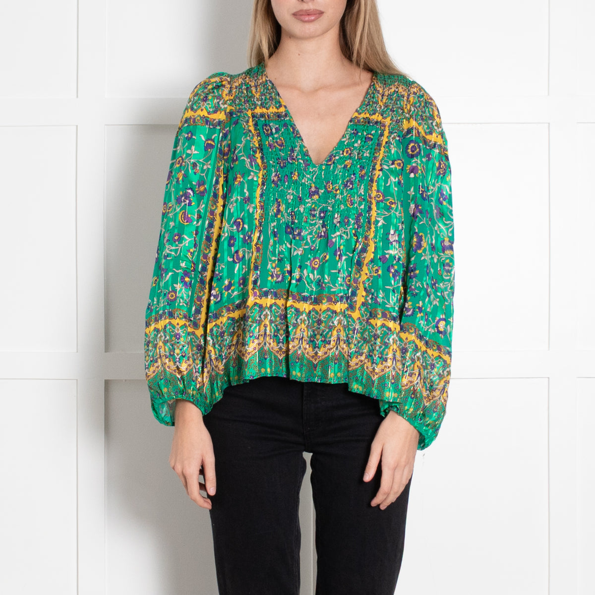 Sandro Green Paisley Floral Gold Thread Smocked Blouse