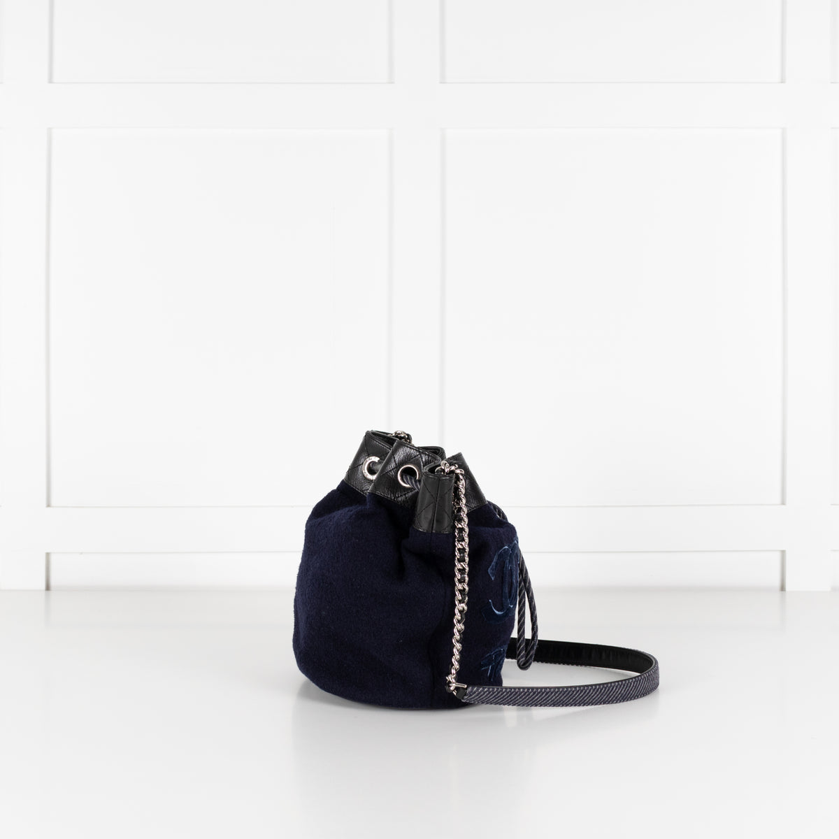 Chanel Navy Felt Black Leather Trim Paris Hamburg Bucket Bag