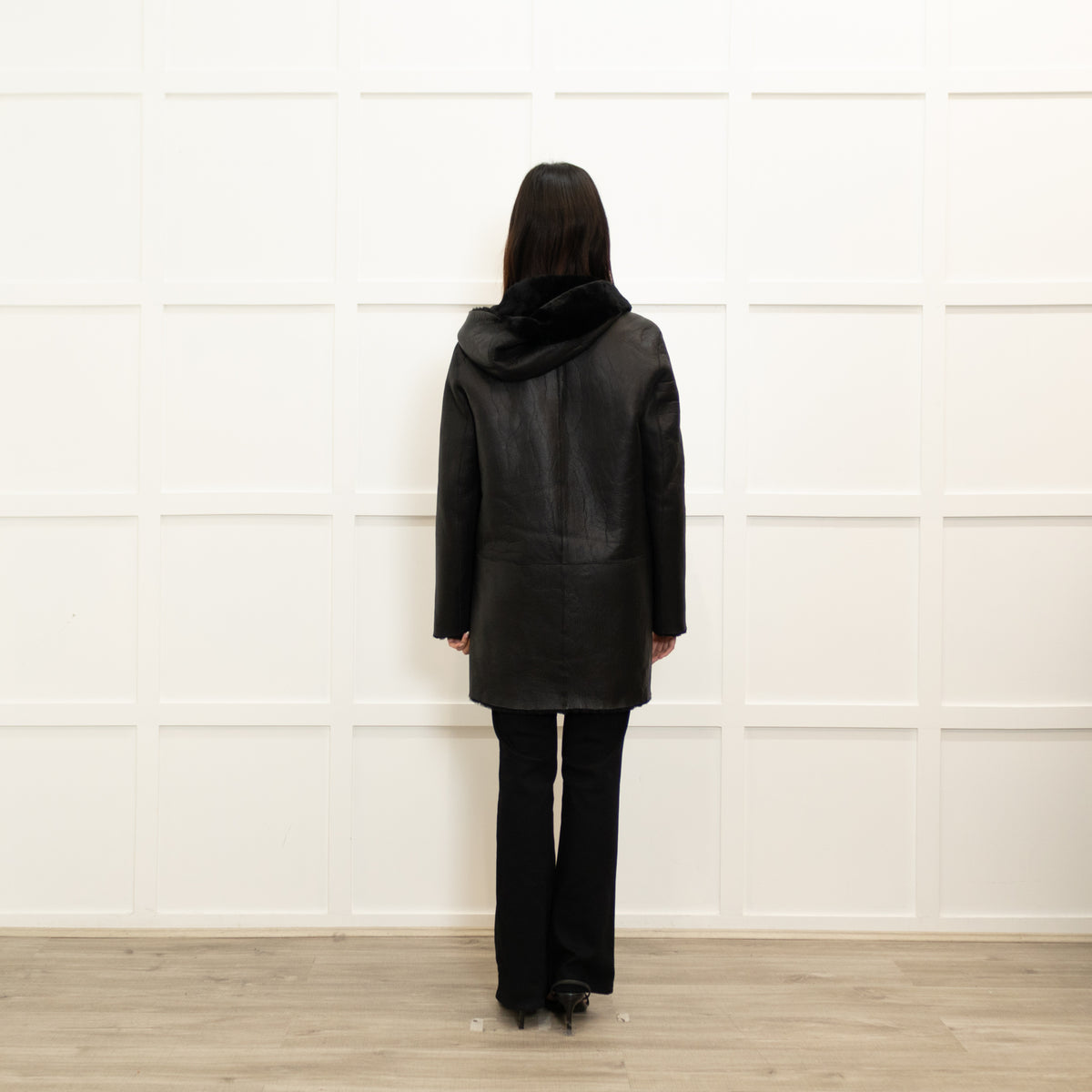 Sandro Black Reversible Soft Shearling Hooded Coat