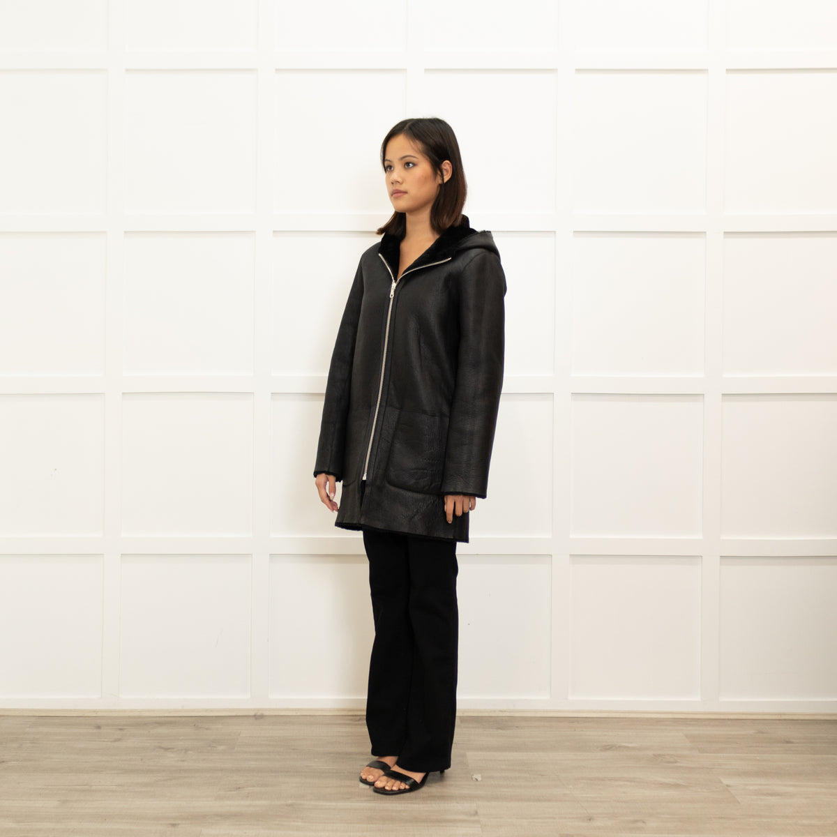 Sandro Black Reversible Soft Shearling Hooded Coat