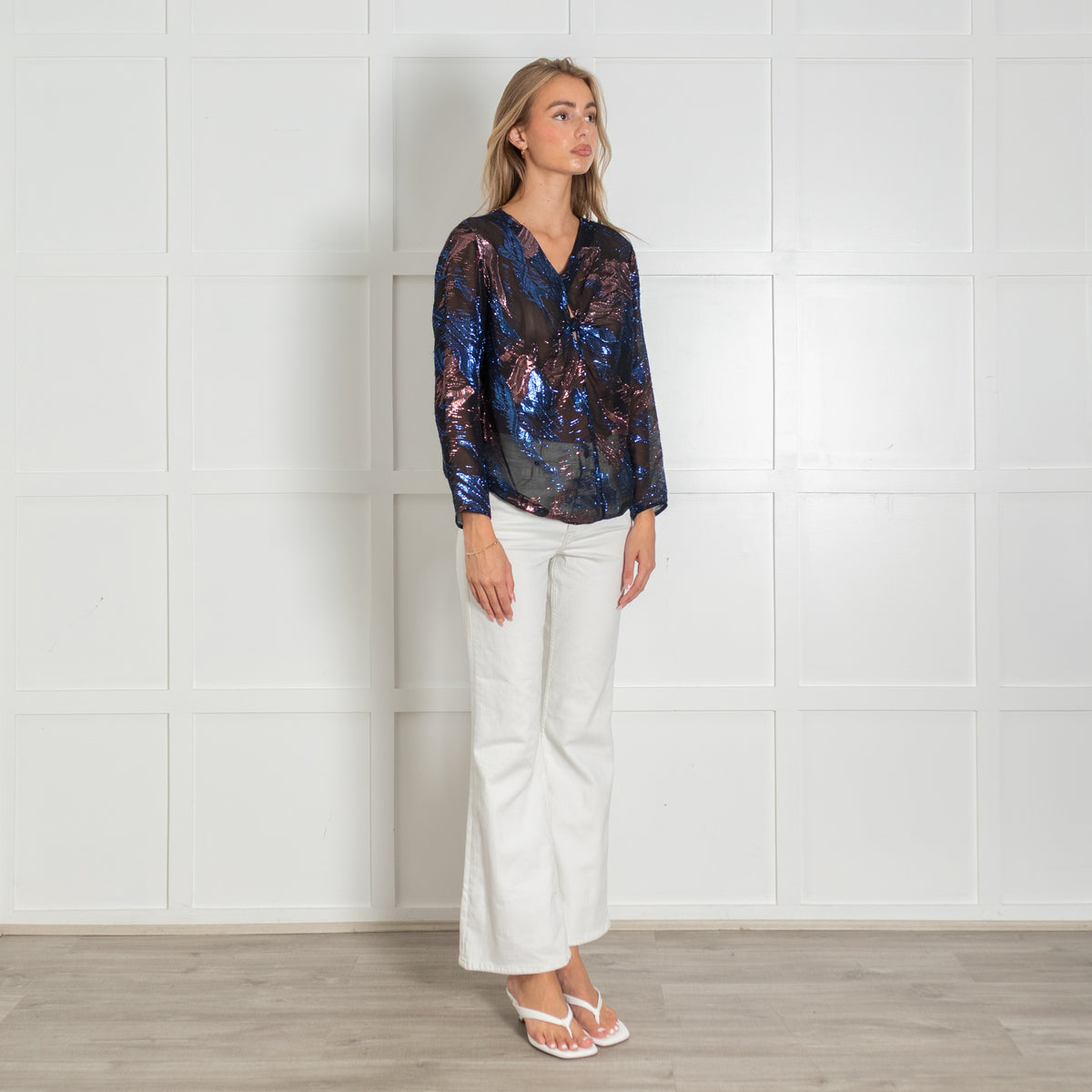 Maje Blue & Bronze Metallic Black Sheer Blouse