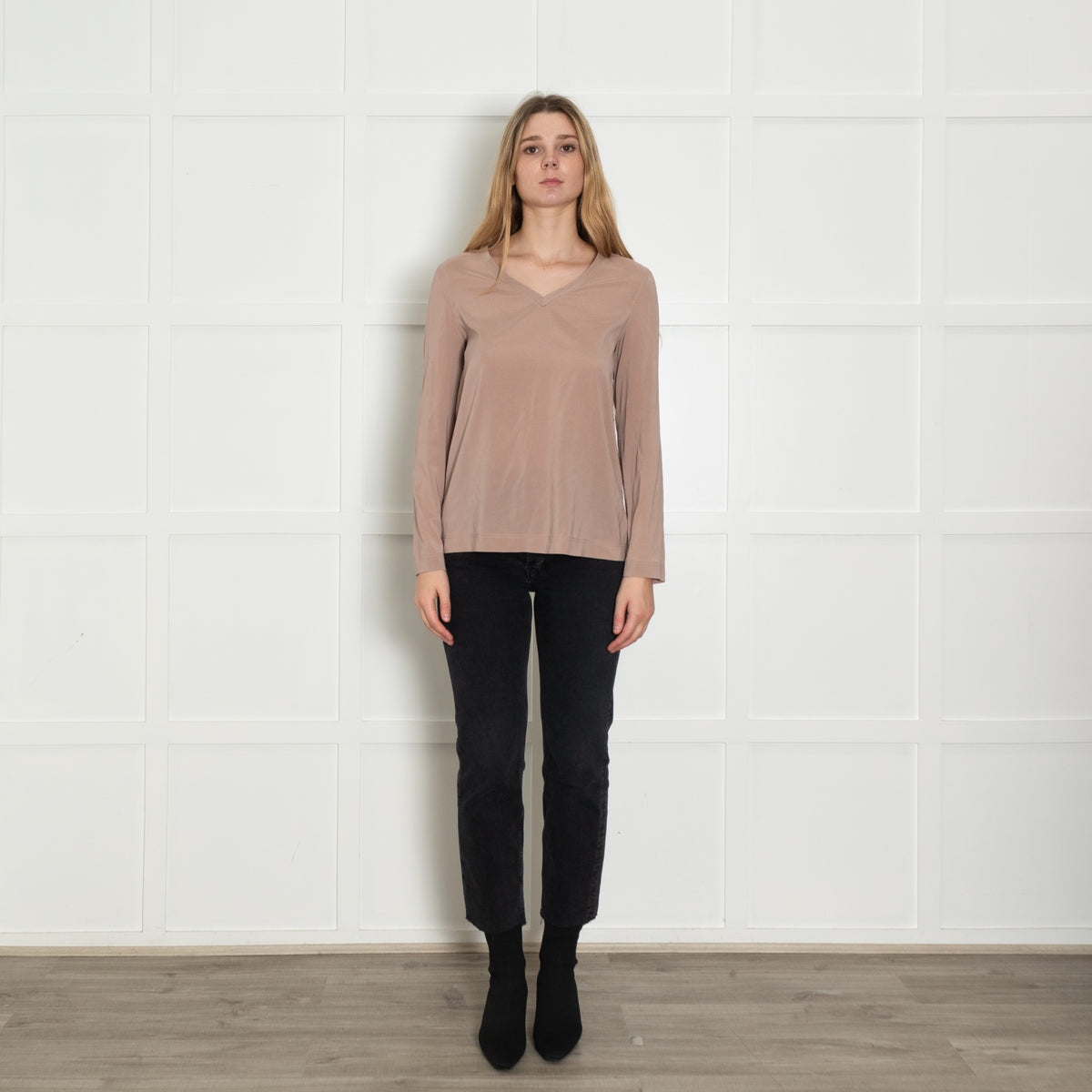 Brunello Cucinelli Taupe Silk Long Sleeve Blouse
