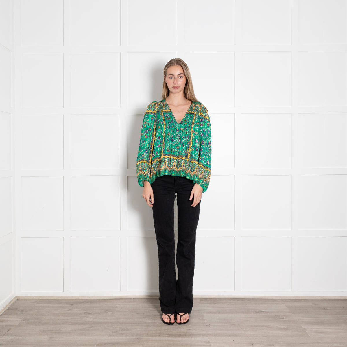 Sandro Green Paisley Floral Gold Thread Smocked Blouse
