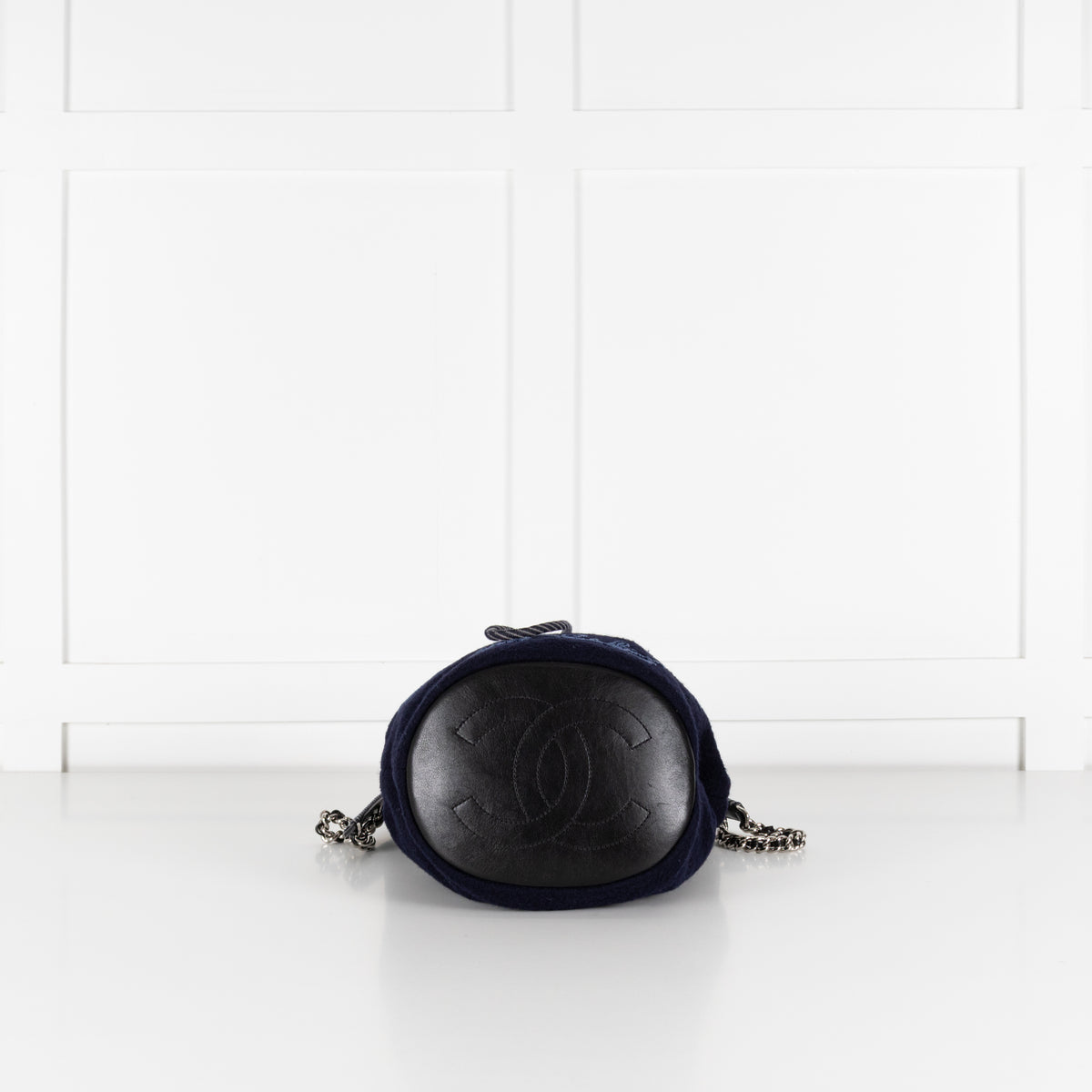 Chanel Navy Felt Black Leather Trim Paris Hamburg Bucket Bag