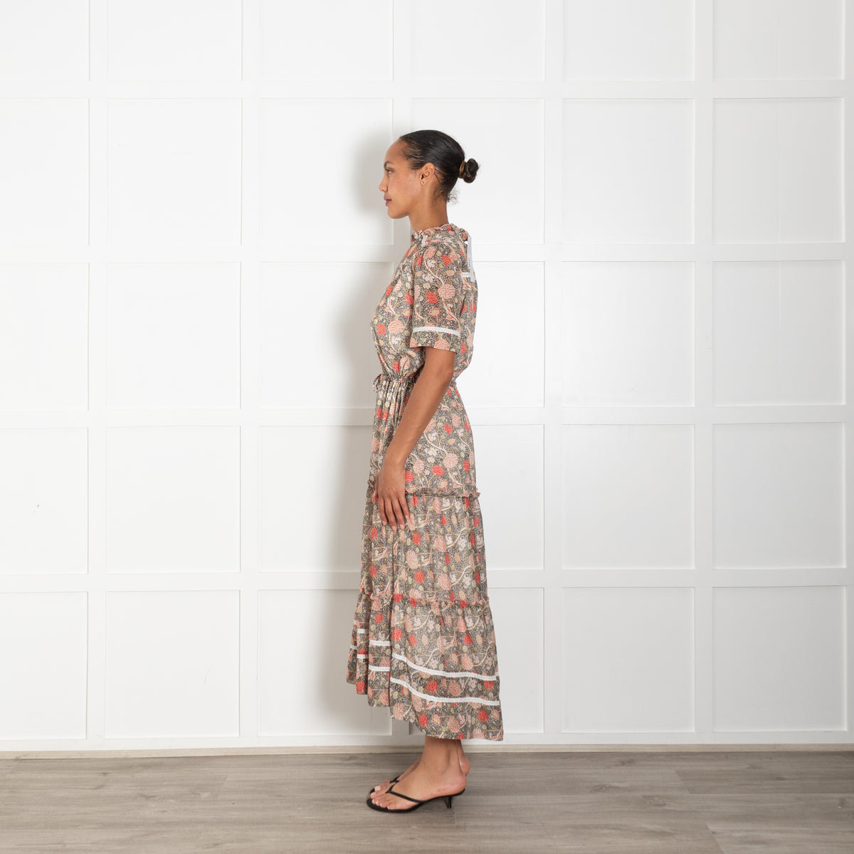 Me + Em Green Pink Botanical Print  Drawstring Waist Maxi Dress With Front Zip