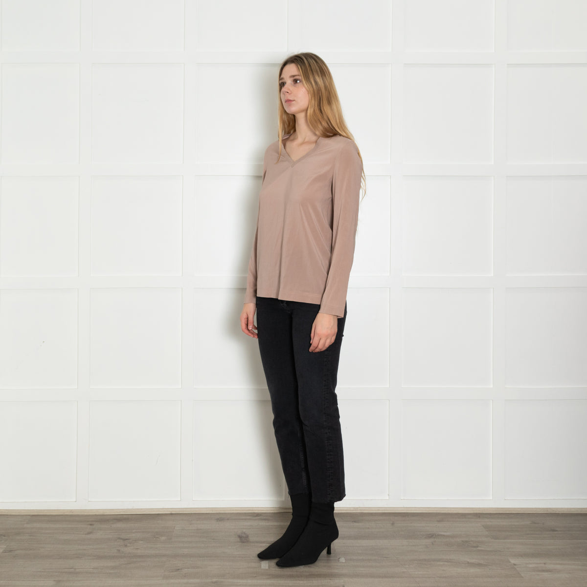 Brunello Cucinelli Taupe Silk Long Sleeve Blouse