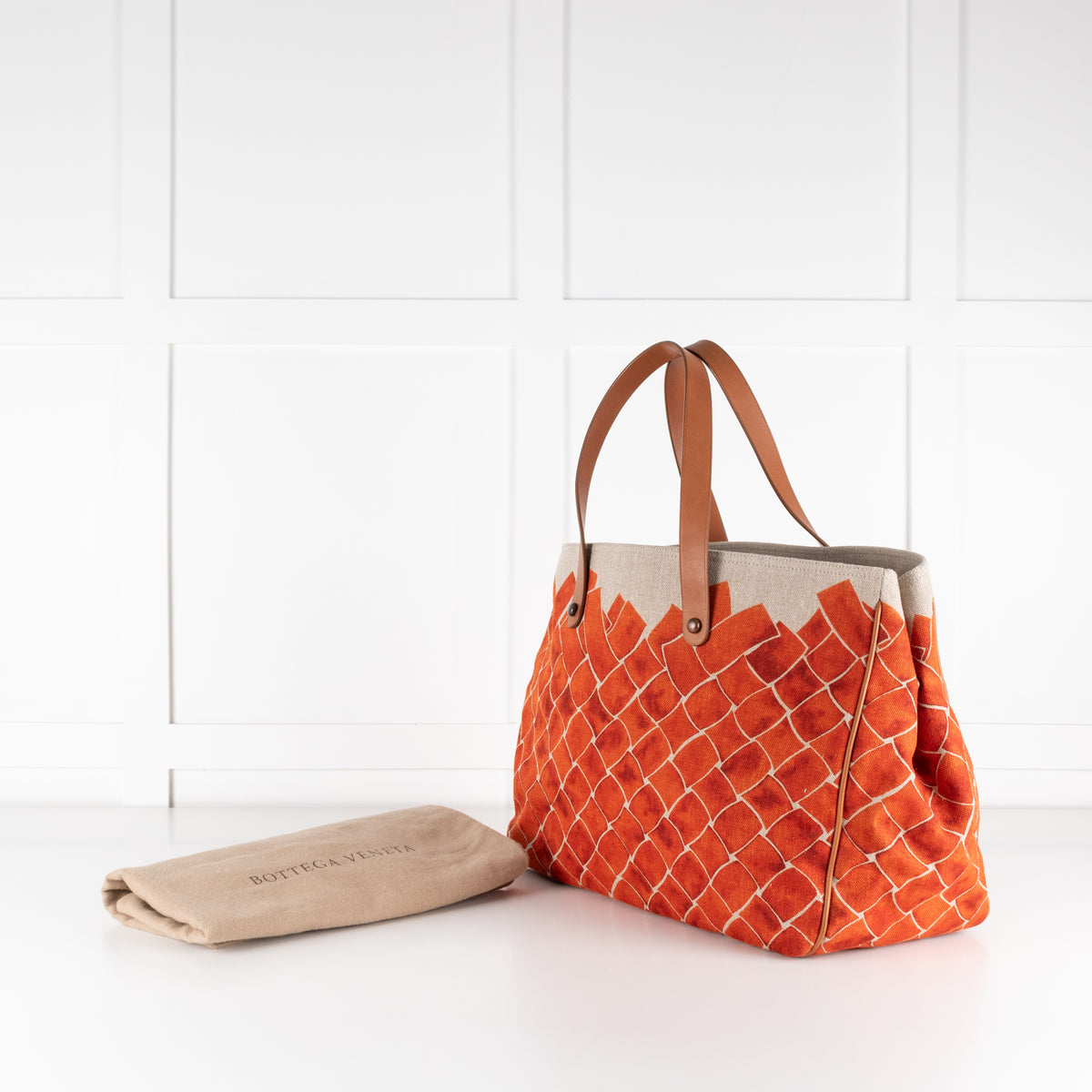 Bottega Veneta Beige Orange Baltic Canvas Tote Bag with Leather Handles