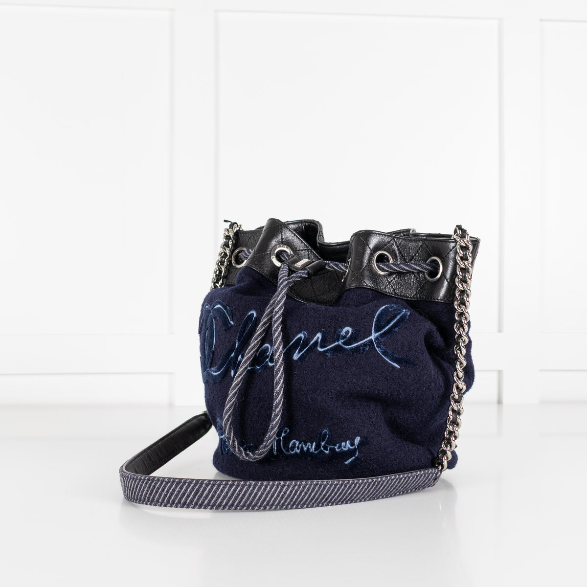 Chanel Navy Felt Black Leather Trim Paris Hamburg Bucket Bag