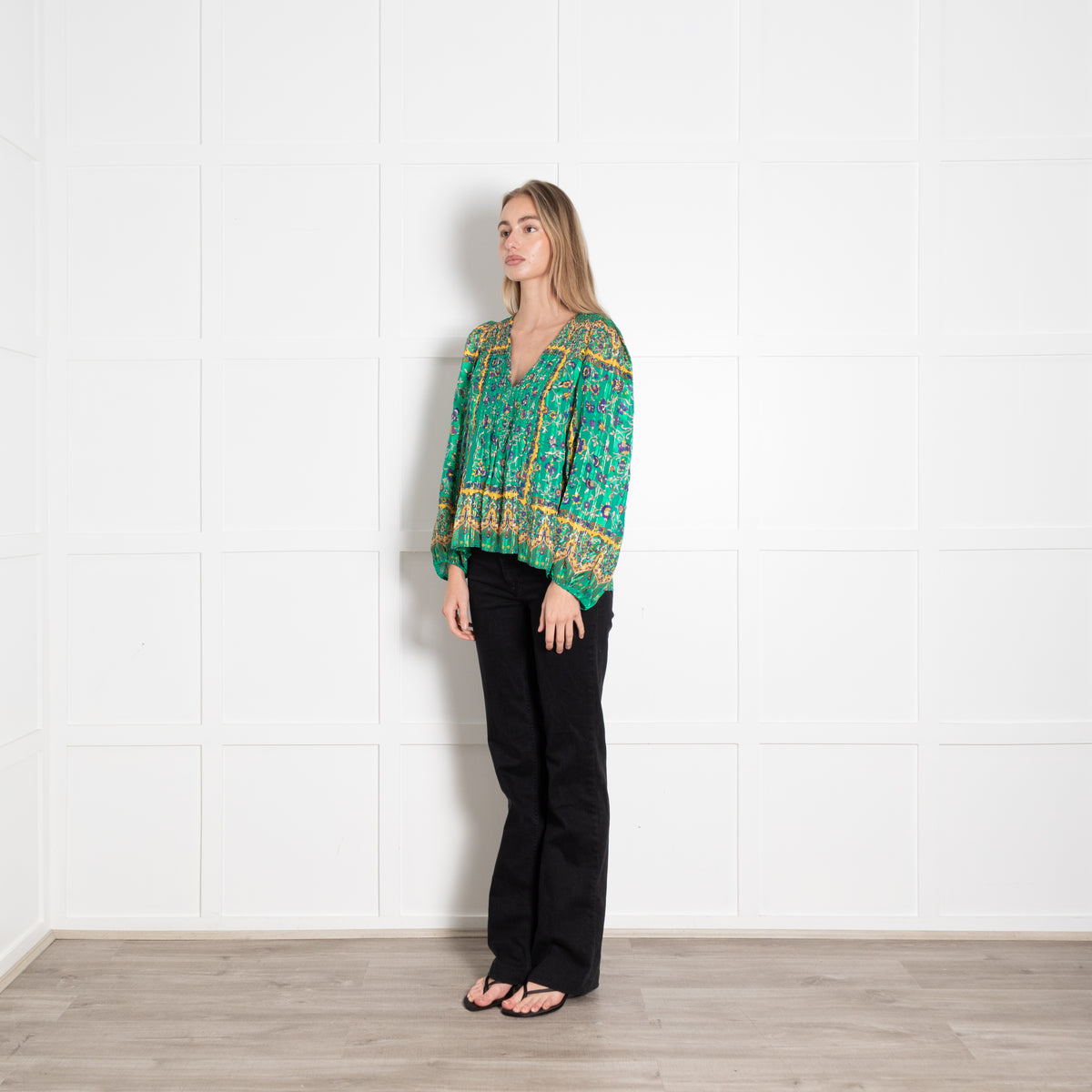 Sandro Green Paisley Floral Gold Thread Smocked Blouse