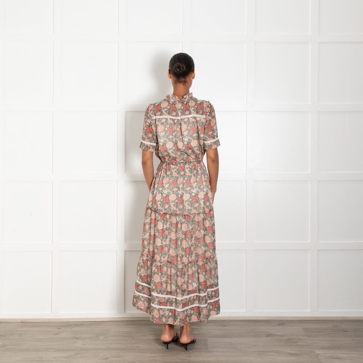 Me + Em Green Pink Botanical Print  Drawstring Waist Maxi Dress With Front Zip