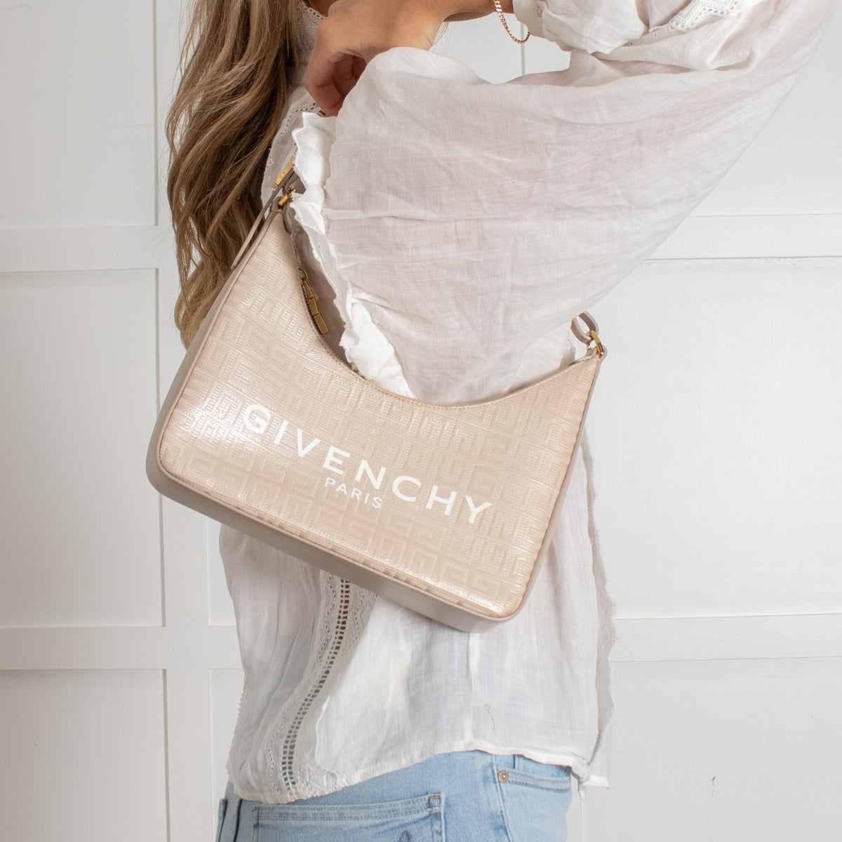 Givenchy Canvas Logo 4G Embossed Small Moon Cut Out Beige Shoulder Bag