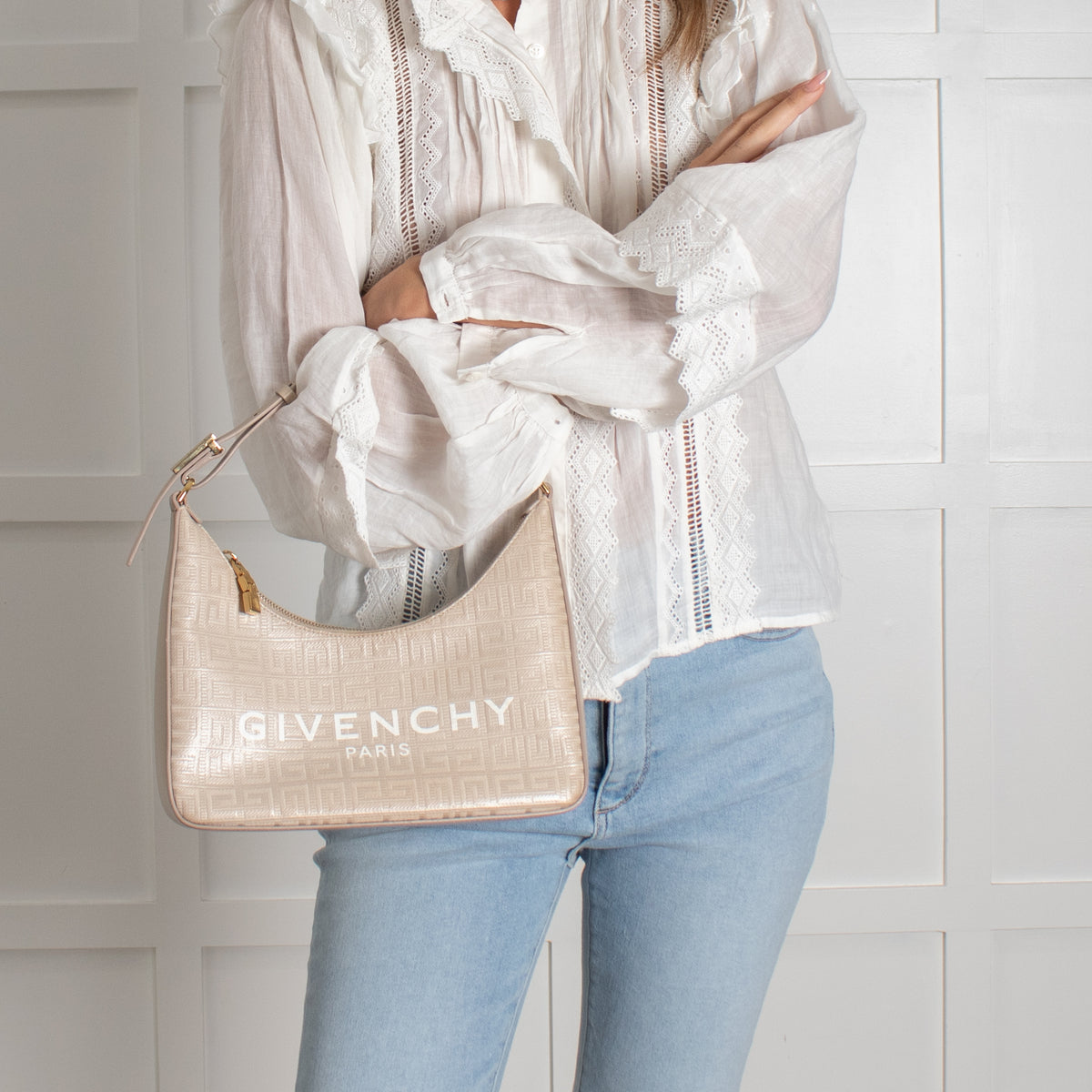 Givenchy Canvas Logo 4G Embossed Small Moon Cut Out Beige Shoulder Bag
