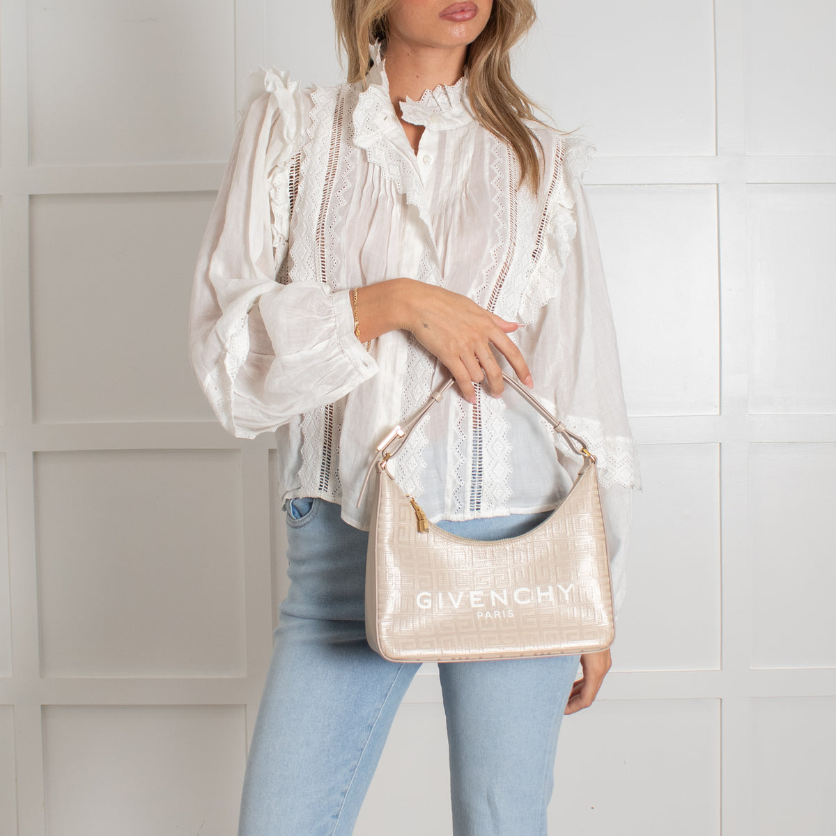 Givenchy Canvas Logo 4G Embossed Small Moon Cut Out Beige Shoulder Bag