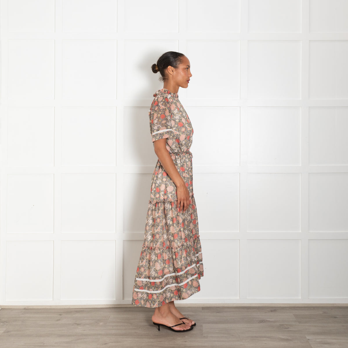 Me + Em Green Pink Botanical Print  Drawstring Waist Maxi Dress With Front Zip