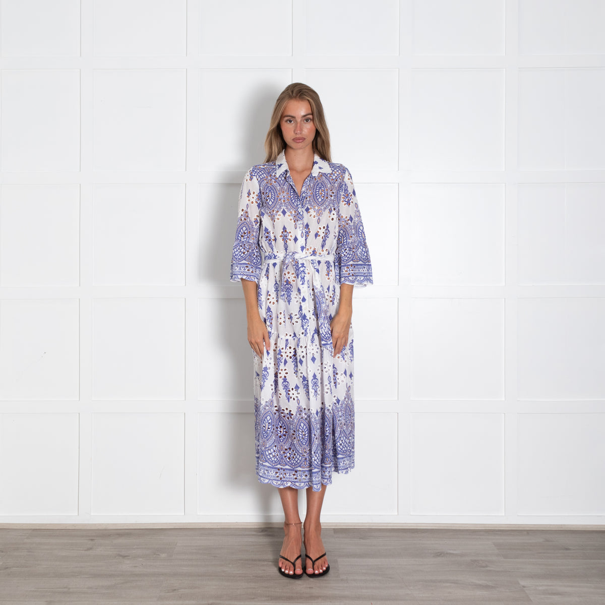 Valerie Khalfon Blue And White Broiderie Anglaise Shirt Dress With Tie Belt