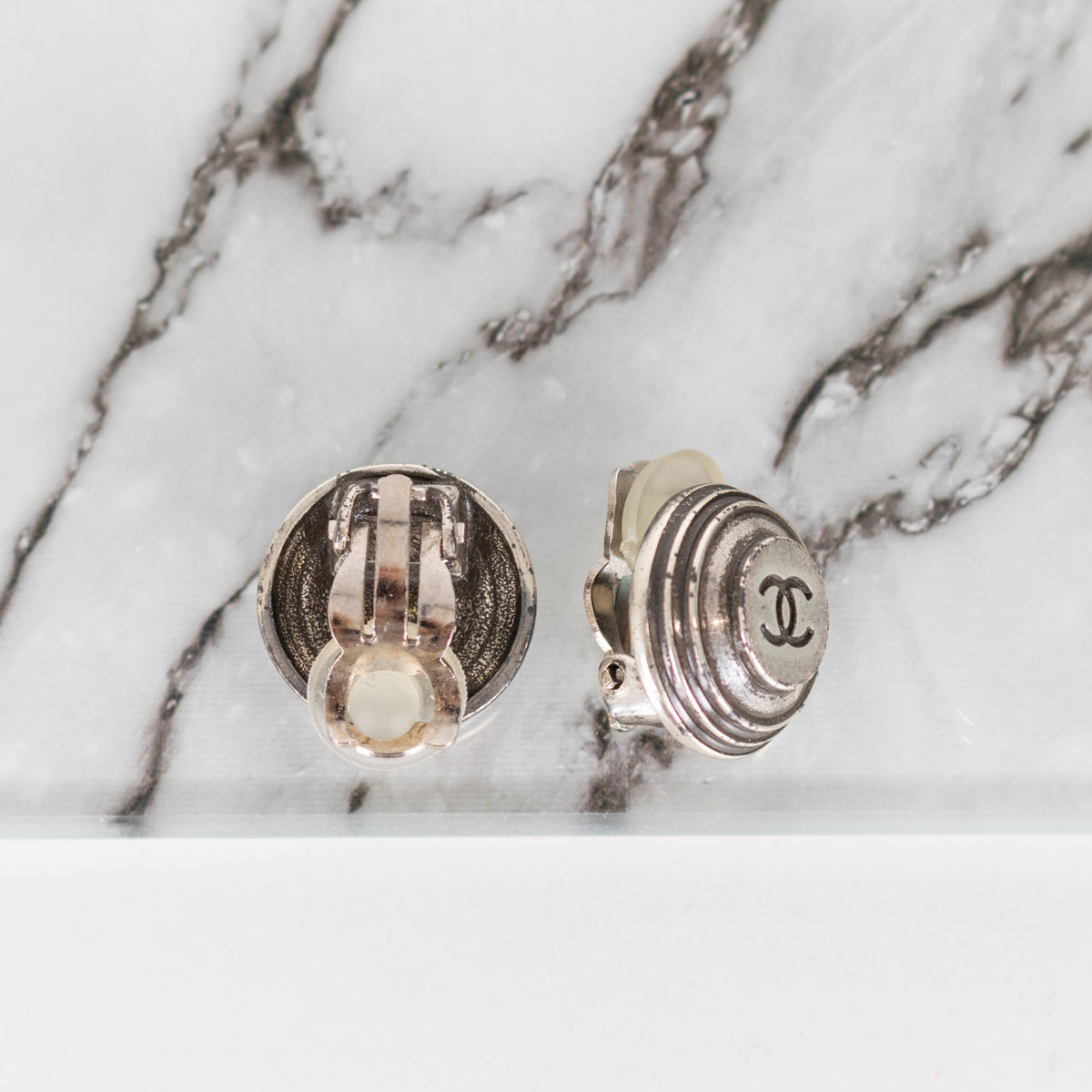 Chanel Silver CC Round Clip On Earrings