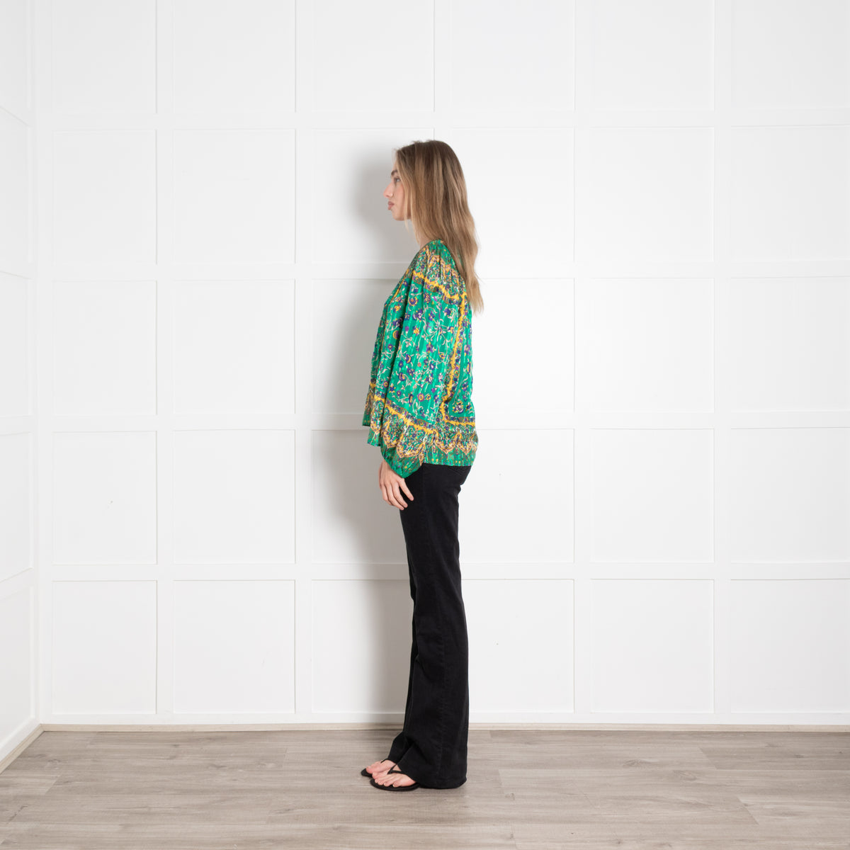 Sandro Green Paisley Floral Gold Thread Smocked Blouse