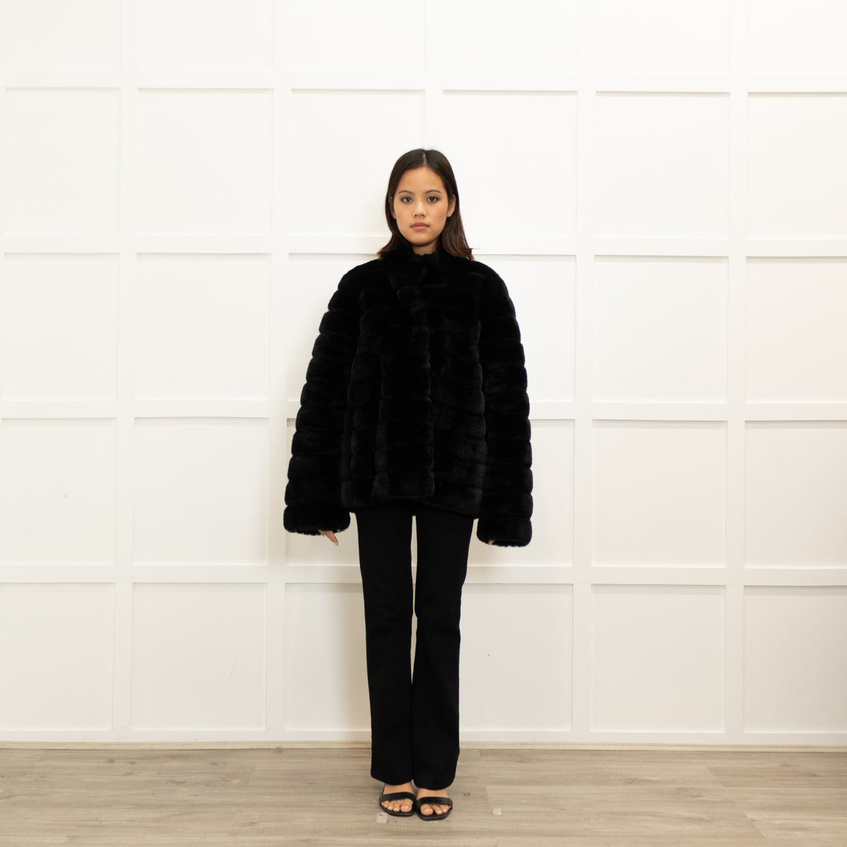 Michael By Michael Kors Black Faux Fur Press Stud Button Jacket