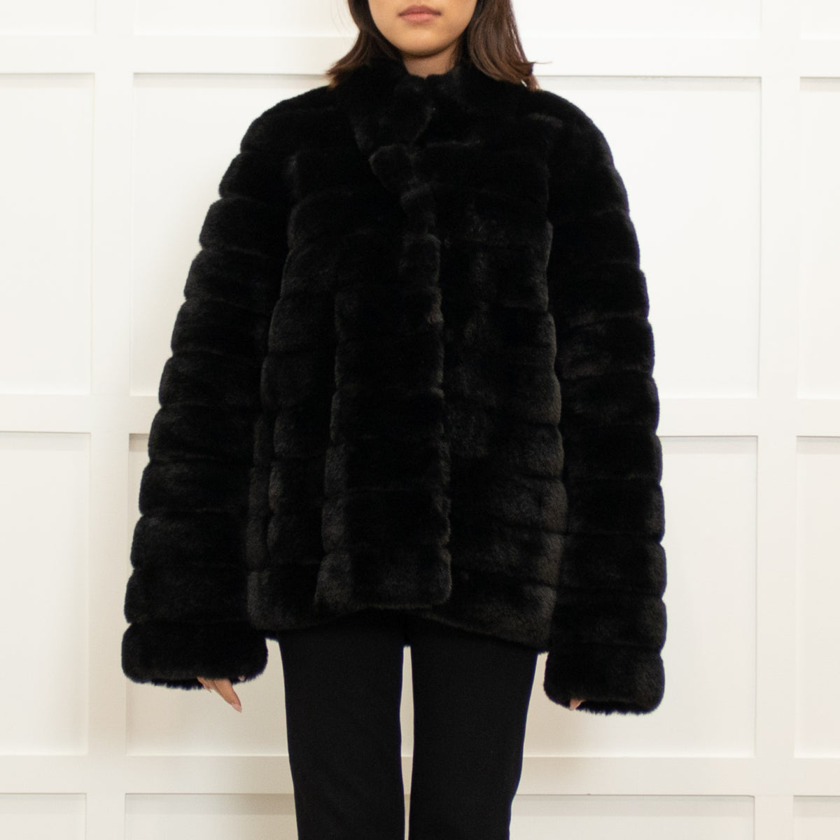 Michael By Michael Kors Black Faux Fur Press Stud Button Jacket